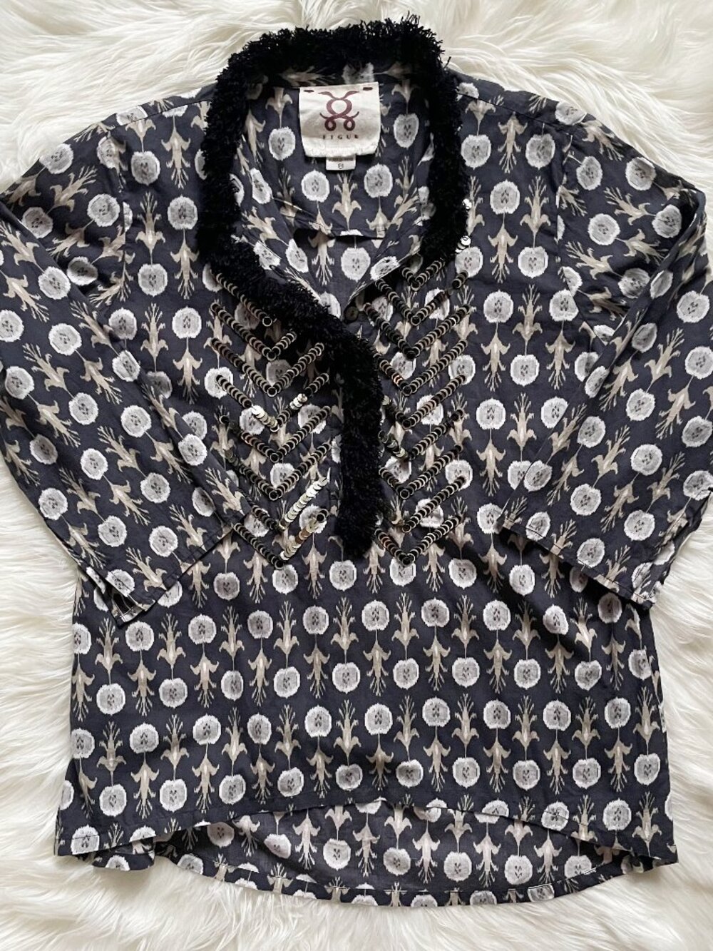 Figue Charcoal Gray Beige Livia Paisley Bohemian Cotton ¾ Sleeve Blouse